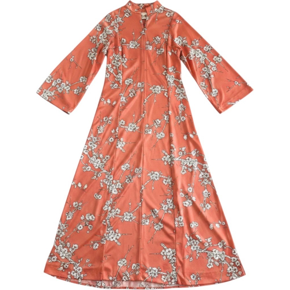 Vintage David Brown California Floral Maxi Robe Dress Coral Cherry Blossom